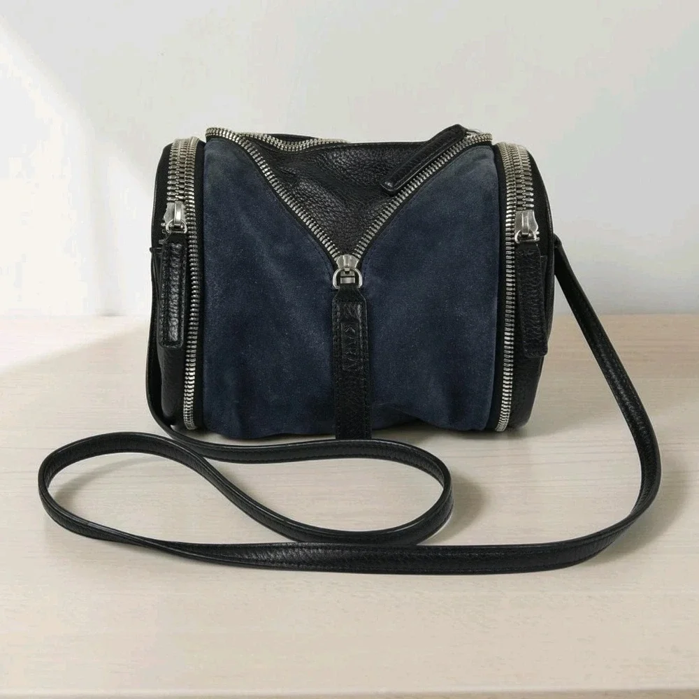 KARA‎ Double Date Pebbled Leather & Suede Crossbody Bag Black & Navy w Zippers